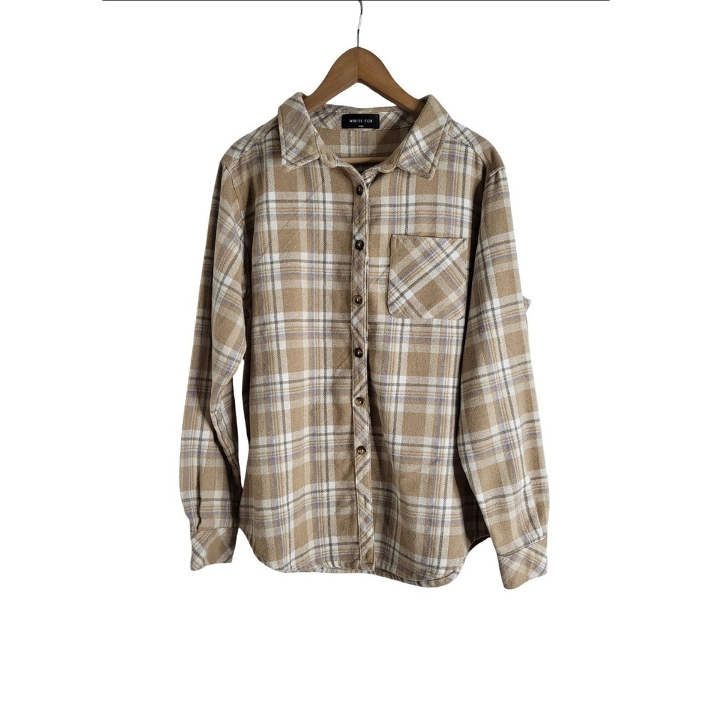 White Fox Beige Oversized Plaid Flannel Shirt Jacket Outdoors Size S/M